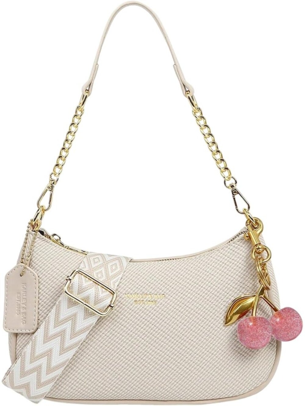 👜Women's Beige Cherry PU Leather Gold Chain Hobo Shoulder Bag Zipper Handbag